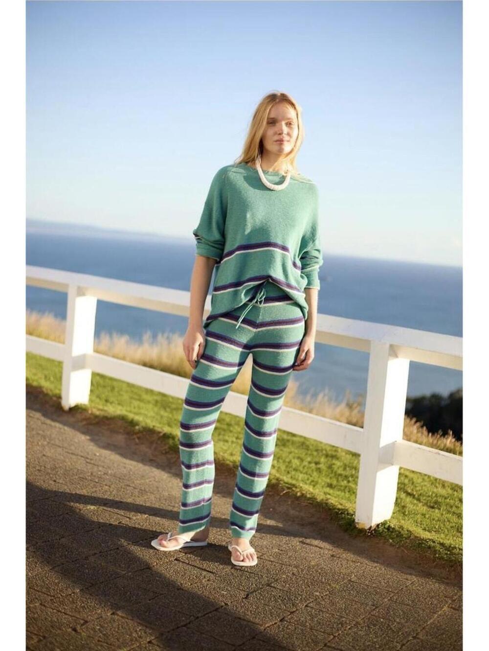 NWOT FP BEACH Free People Mariner Sweater Set Lagoon Green Navy White stripe L